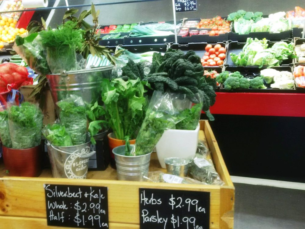 Herbs and silverbeet at The Morning Harvest greengrocer, Sunbury