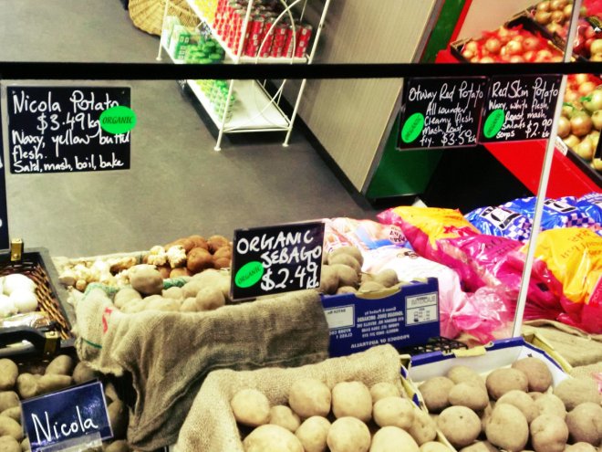 Organic potatoes at The Morning Harvest greengrocer, Sunbury