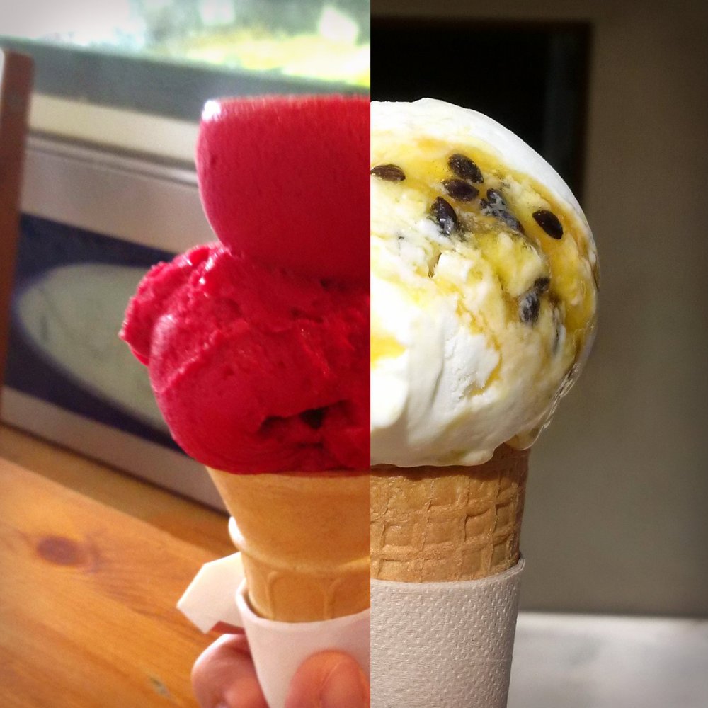 Raspberry sorbet from Theatre Royal icecreamery & Passionfruit Cheesecake from Icecream Social in Castlemaine, Victoria, Australia